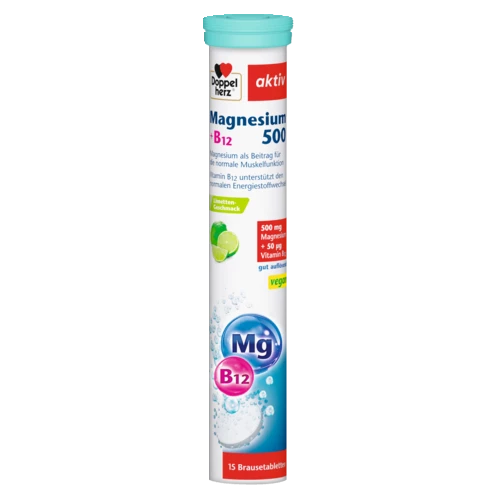 Abbildung der Produktverpackung Doppelherz aktiv Magnesium 500 + B12 Brausetabletten Frontansicht
